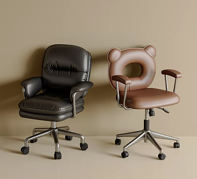 Office Chairs With Black Brown Leather Bear Head Design Armrests Wheels And Metal Base 3d model