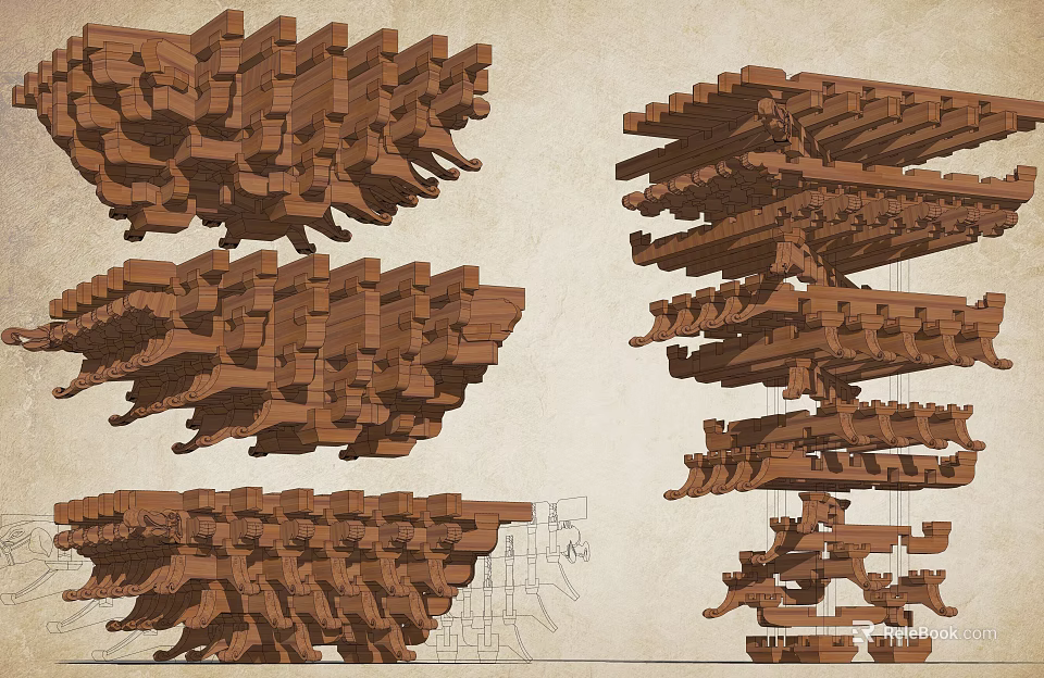 Detailed Traditional Wooden Architectural Components Featuring Intricate Bracket System Models 3d model 