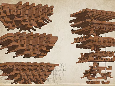 Detailed Traditional Wooden Architectural Components Featuring Intricate Bracket System Models 3d model