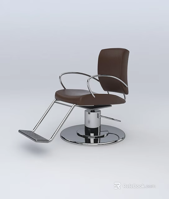 Stylish Brown Leather Barber Chair With Silver Metal Armrests Revolving Base And Footrest 3d model 