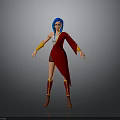 Woman With Blue Hair In Red Outfit And Yellow Sleeves Wearing Brown Boots