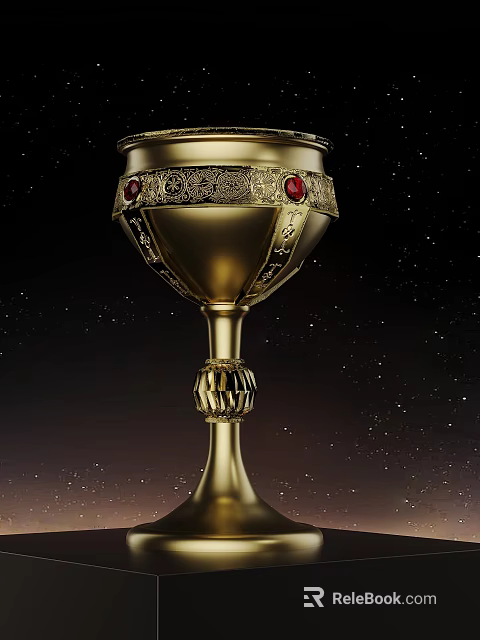 Golden Trophy With Ornate Decoration Red Gemstones And Carved Base Against Starry Dark Background 3d model 