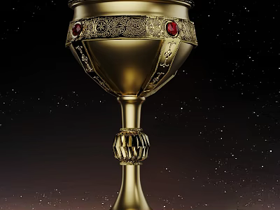 Golden Trophy With Ornate Decoration Red Gemstones And Carved Base Against Starry Dark Background 3d model