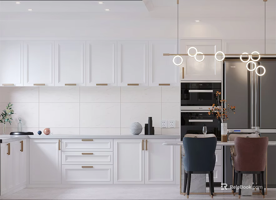 Modern Restaurant Kitchen With White Cabinets Pendant Lights Dining Table And Chairs 3d model 