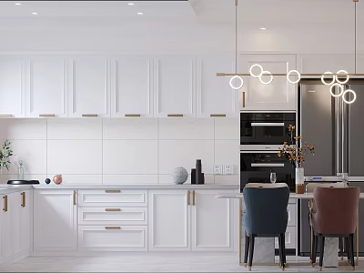 Modern Restaurant Kitchen With White Cabinets Pendant Lights Dining Table And Chairs 3d model