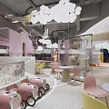 Bright Modern Restaurant Interior With Colorful Seating Cloud Shaped Decor And Hanging Lights