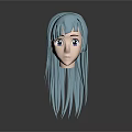 3D Human Head Model with Long Light Blue Hair and Detailed Facial Features