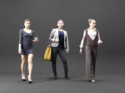 Three Women Standing In Different Fashionable Outfits With Handbags And Professional Attire 3d model