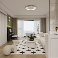 Modern Living Dining Room Interior With Beige Sofa Cross Pattern Rug Green Cabinets And Ceiling Light
