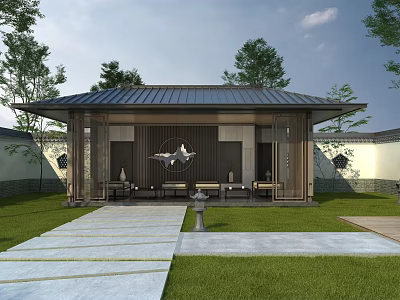 Traditional Garden Landscape With Pavilion Stone Path Lawn Green Plants And Stone Lantern 3d model