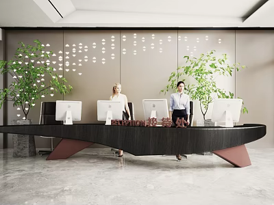 Modern Reception Desk with Receptionists Working on Computers Green Plants and Decorative Wall Panels 3d model