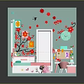Cartoon Bedroom with Light Blue Walls Pink Bed Red Plum Blossom Decor Dresser and Curtains