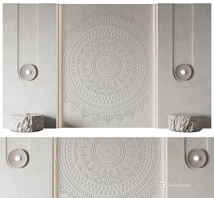 Bed Accent Wall With Intricate Relief Circular Lamps And Stone Tables 3d model 