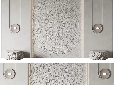 Bed Accent Wall With Intricate Relief Circular Lamps And Stone Tables 3d model
