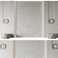 Bed Accent Wall With Intricate Relief Circular Lamps And Stone Tables
