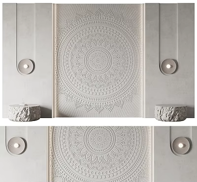 Bed Accent Wall With Intricate Relief Circular Lamps And Stone Tables 3d model
