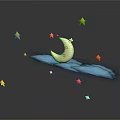 Scenic Night Sky Featuring Crescent Moon on Blue Cloud Yellow Stars Dark Background and Reflection