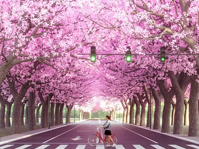 Scenic Road Facilities With Pink Cherry Trees Traffic Lights Zebra Crossing And Bicycle Path For Riders 3d model