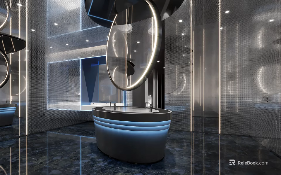 Modern Public Restroom Interior With Circular Lights And Marble Floor 3d model