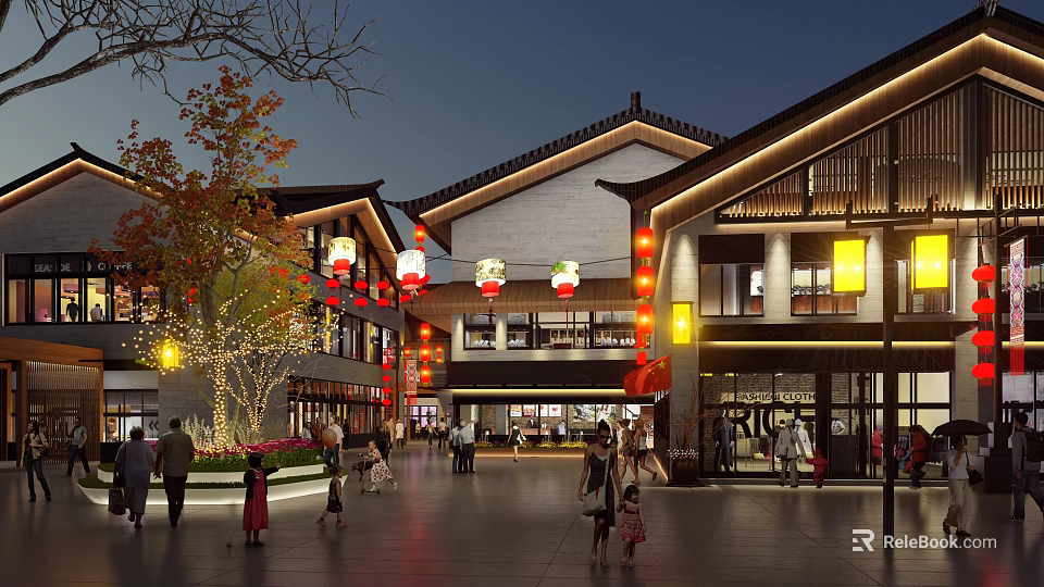Traditional Ancient Architecture Commercial Street Night View With Red Lanterns And Pedestrians 3d model 