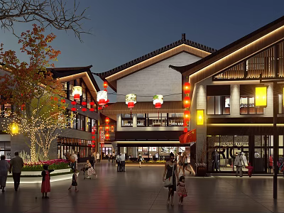 Traditional Ancient Architecture Commercial Street Night View With Red Lanterns And Pedestrians 3d model