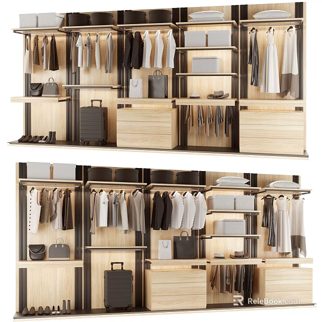 Modern Wardrobe Interior Design With Hanging Clothes Bags Shoes Drawers And Shelves 3d model 