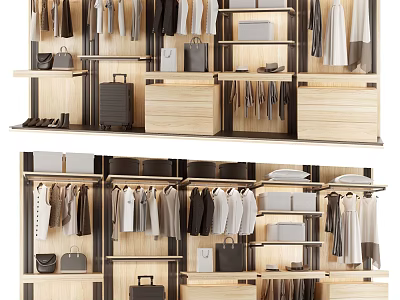 Modern Wardrobe Interior Design With Hanging Clothes Bags Shoes Drawers And Shelves 3d model