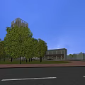 Modern Commercial Complex Tall Building Featuring Glass Facade Evening Lighting and Surrounding Trees