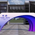 White Blue Purple Gradient Archway for Alumni Reunion with Modern Building Stone Pavement and Bicycle