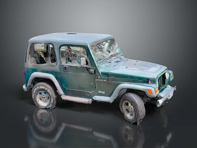 Vintage Green Jeep Wrangler With Worn Exterior And Broken Windows 3d model