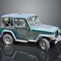 Vintage Green Jeep Wrangler With Worn Exterior And Broken Windows