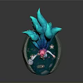 Fantasy Woman Figure with Pink Hair Blue Decorative Wings and Lotus Water Pool Base