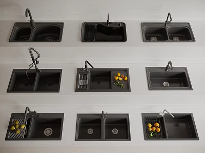 Modern Kitchen Sinks With Various Designs Single Bowl Double Bowl Faucets And Drain Boards 3d model