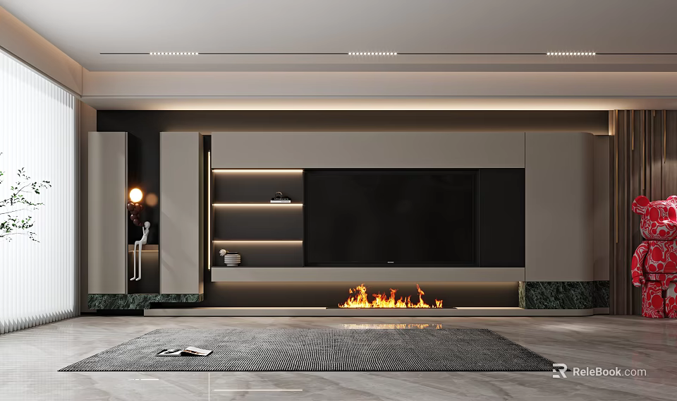 Modern Living Room Wall With TV Shelves Lighting And Fireplace 3d model 