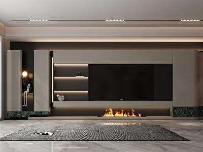 Modern Living Room Wall With TV Shelves Lighting And Fireplace 3d model