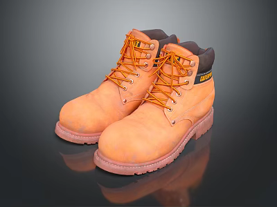 Orange High Top Work Boots With Durable Laces And Brown Rubber Sole 3d model