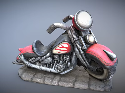 Red and Silver Motorcycle Model with Detailed Headlight Seat and Exhaust on Stone Base Decoration 3d model