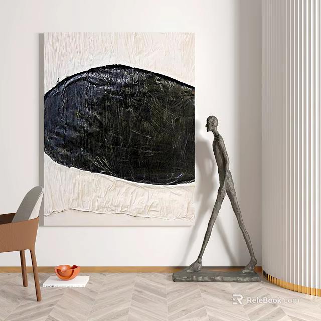 Large Abstract Black White Painting With Human Figure Sculpture In Modern Interior 3d model 