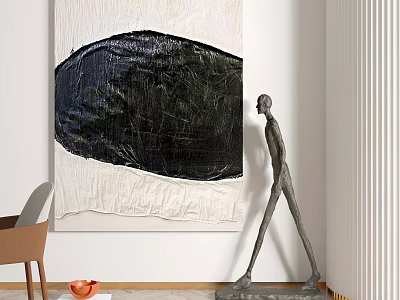 Large Abstract Black White Painting With Human Figure Sculpture In Modern Interior 3d model