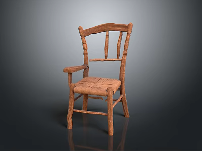 Traditional Wooden Dining Chair With Armrest And Handwoven Seat In Rustic Style 3d model
