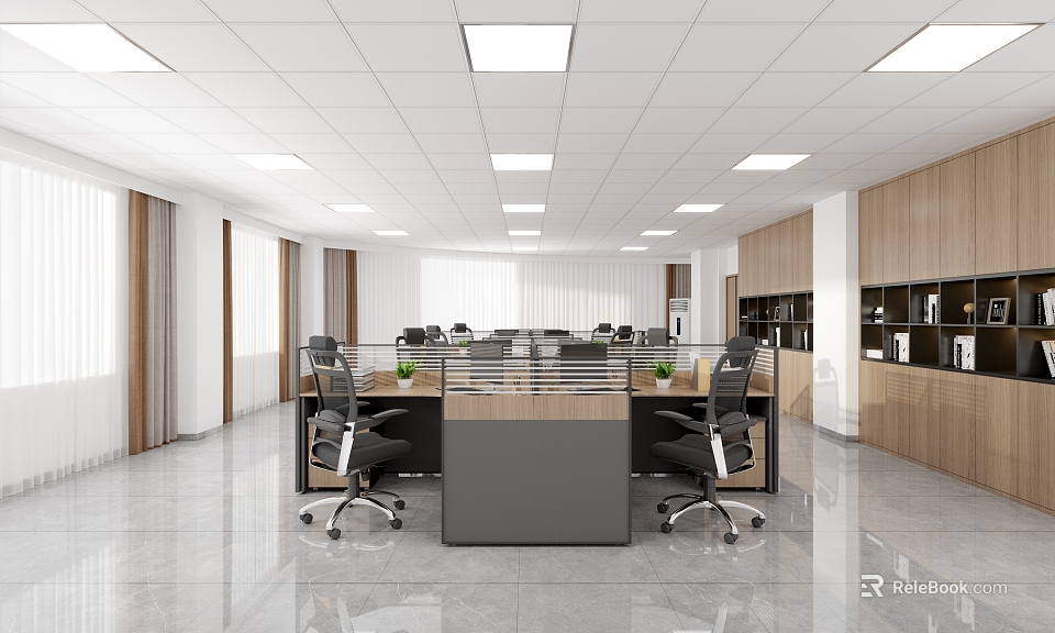 Modern Office Interior With Open Space Desks Office Chairs Glass Partitions And Wooden Bookshelves 3d model 