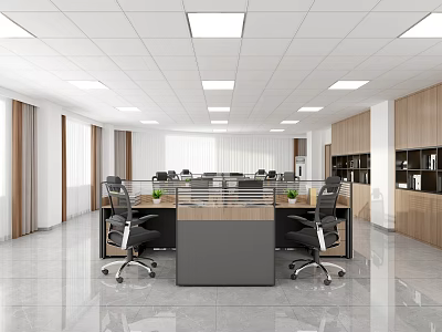 Modern Office Interior With Open Space Desks Office Chairs Glass Partitions And Wooden Bookshelves 3d model
