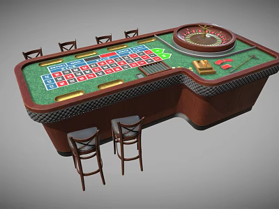 Luxury Casino Entertainment Table With Roulette Wheel Green Felt Surface And Bar Stools 3d model