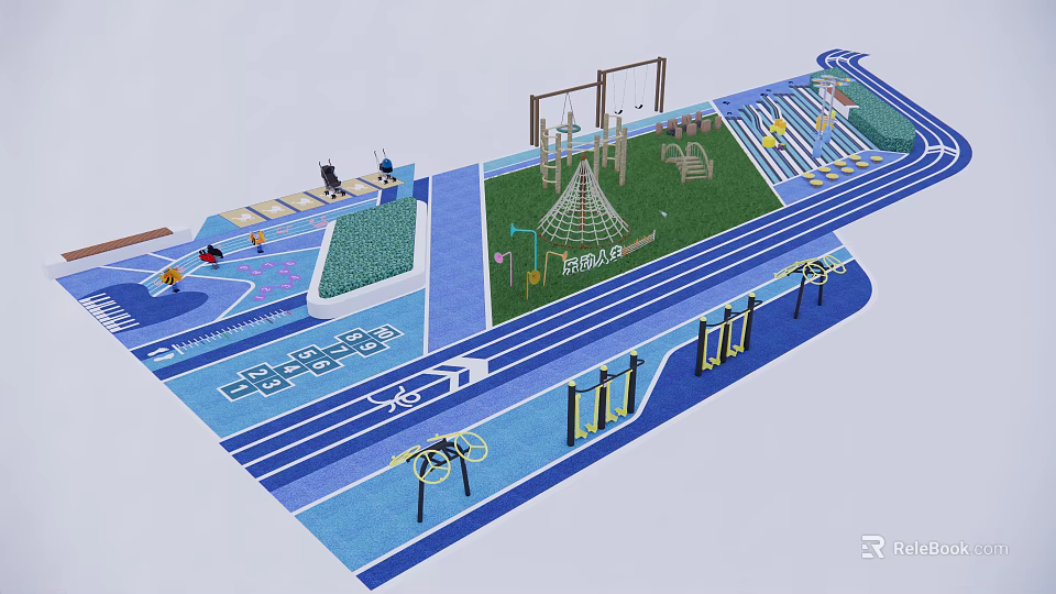 Kids Playground Area Featuring Climbing Structures Track And Green Recreational Space 3d model 