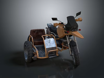 Tan 3D Rendered Motorcycle With Brown Seat Sidecar And Metal Frame On Dark Background 3d model