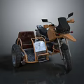 Tan 3D Rendered Motorcycle With Brown Seat Sidecar And Metal Frame On Dark Background