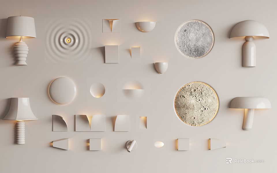 Various Modern Wall Lamps With Different Shapes And Textured Designs On White Wall 3d model 