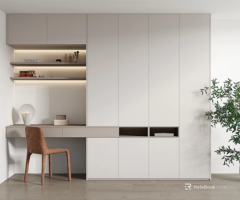 Modern Dressing Table Interior With White Cabinets Desk Area Brown Chair And Plant 3d model 