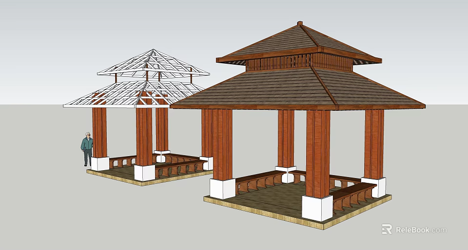 Traditional And Modern Wooden Pavilions With Glass Roof Solid Columns Wooden Seats And White Base 3d model 