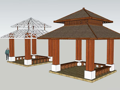 Traditional And Modern Wooden Pavilions With Glass Roof Solid Columns Wooden Seats And White Base 3d model